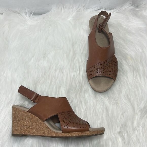 Clarks Collection Lafley Tan Wedge Cork Sandals Sz 8 - Picture 2 of 7